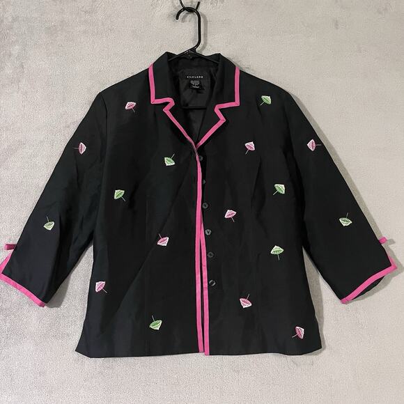 Silk Land Embroidered Silk Jacket Black Pink Parasol Design Womens Sz 4 - Picture 1 of 12